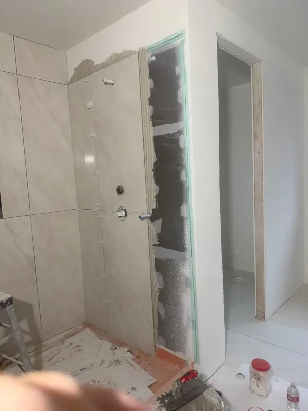 Large-format tile work during a bathroom remodel in Mercer Island