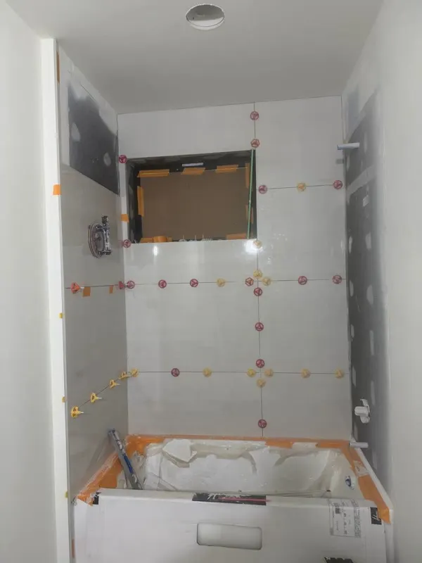 Large-format tile work during a bathroom remodel in Snohomish